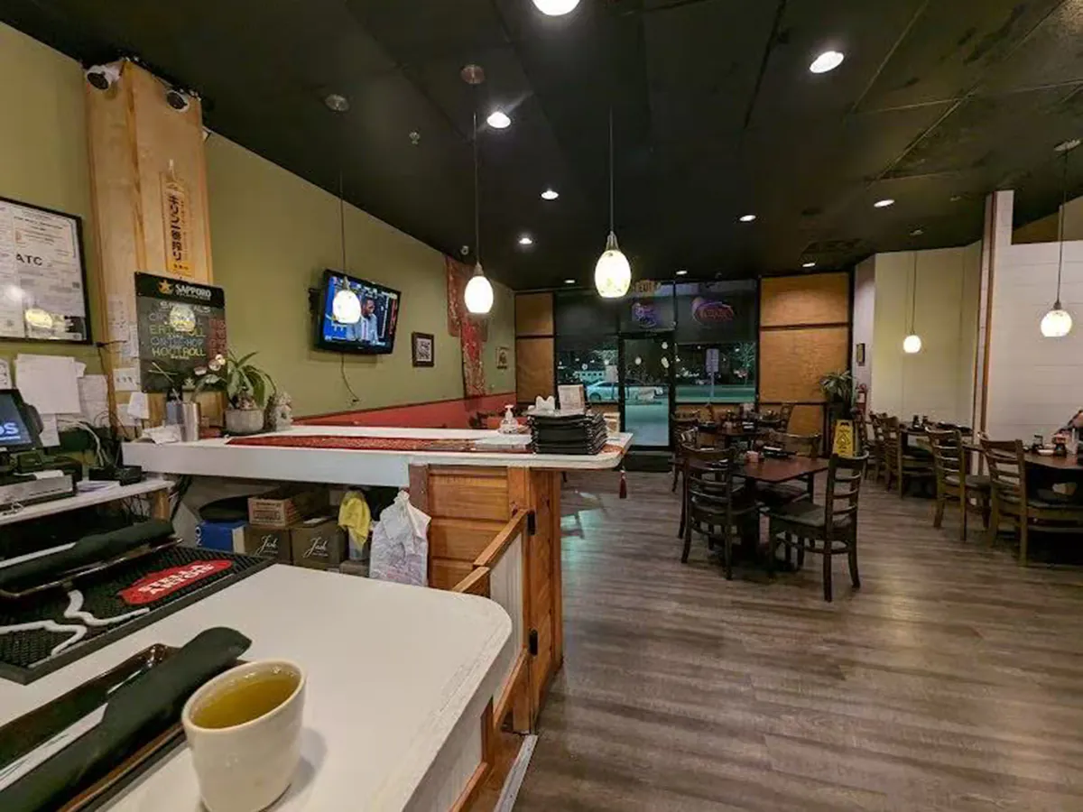 Interior of Modern Japanese Restaurant Green Tea Sushi Bar with traditional decor in Covington