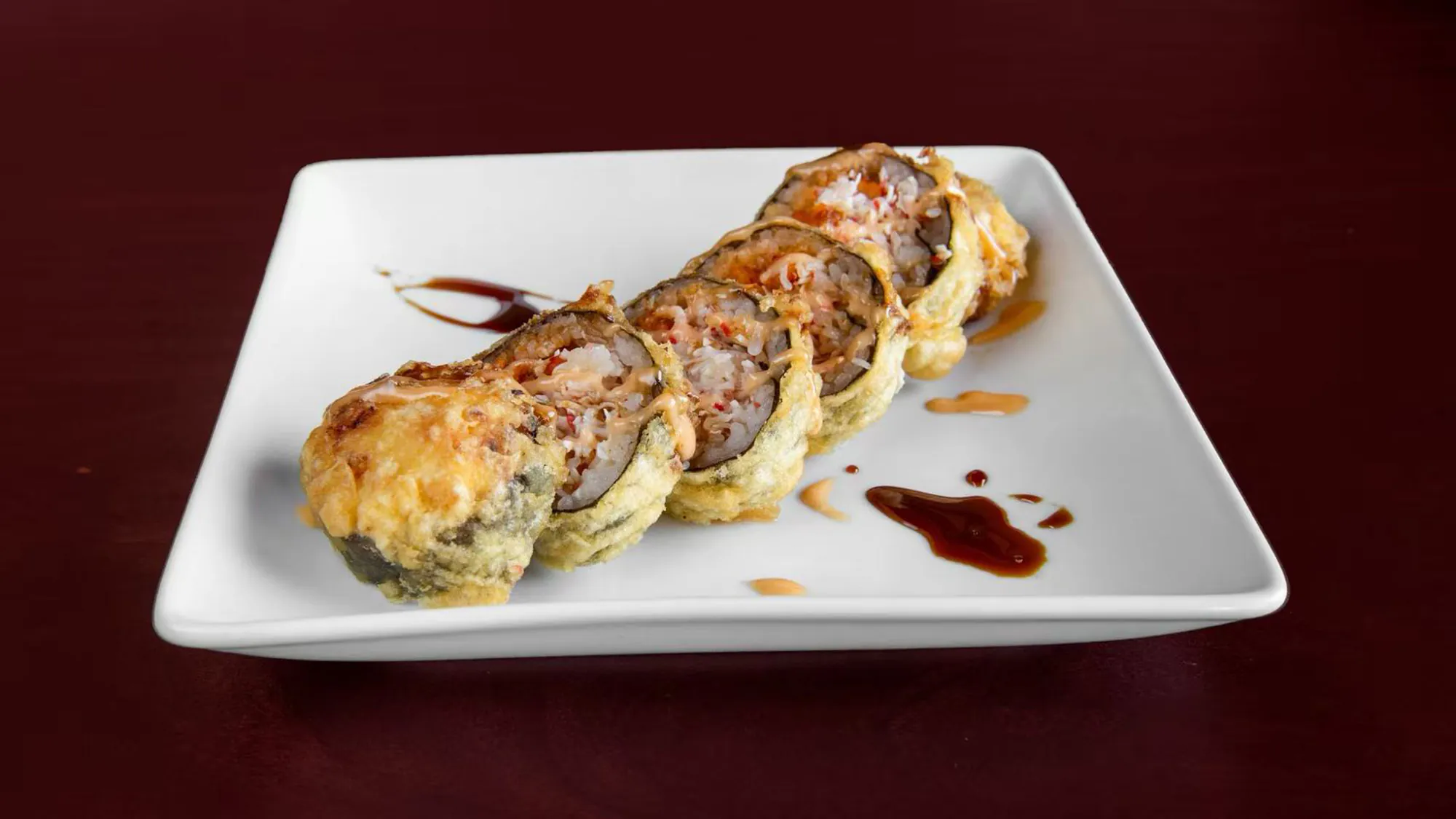 Stuffed Eggplant Roll with Cheese and Sauce at Green Tea Sushi Bar，a Japanese Restaurant in Covington