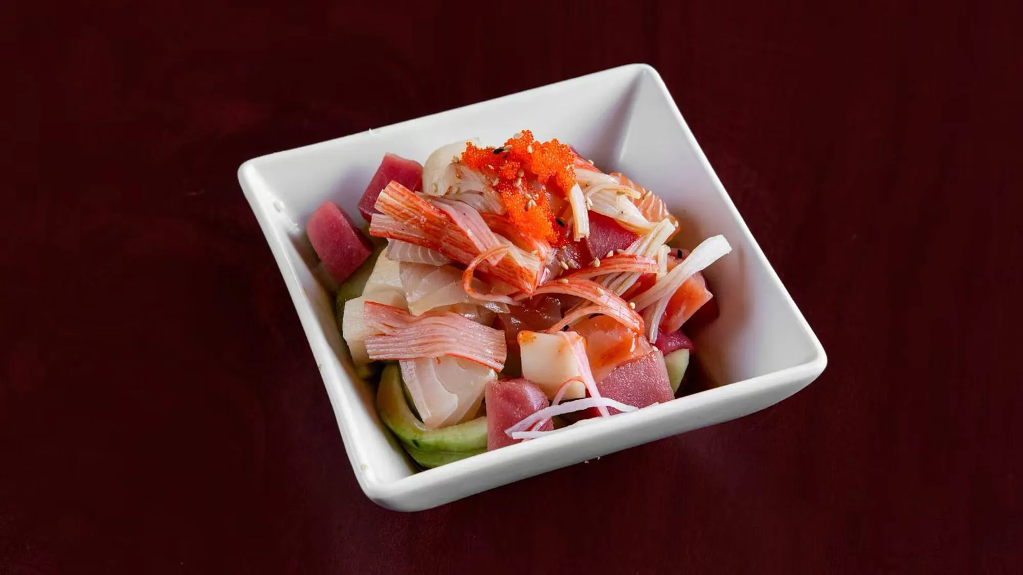 Tuna salad in a square bowl at Green Tea Sushi Bar，a Japanese Restaurant in Covington